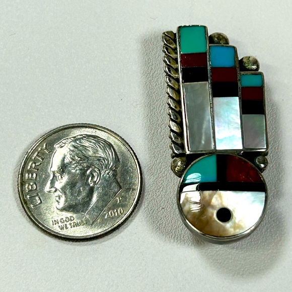 RARE Vintage Zuni Signed Julie O Lahi Inlay Sun Face Pendant Brooch Sterling 925 - Picture 5 of 7